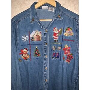 Bobbie Brooks Women's Long Sleeve Denim Christmas Button Down Size Medium VTG